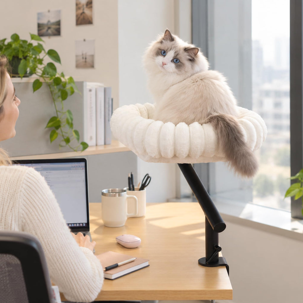 PETKARAY Cloud Cat Desk Bed, 360° Rotating Elavated Cat Hammock Perch