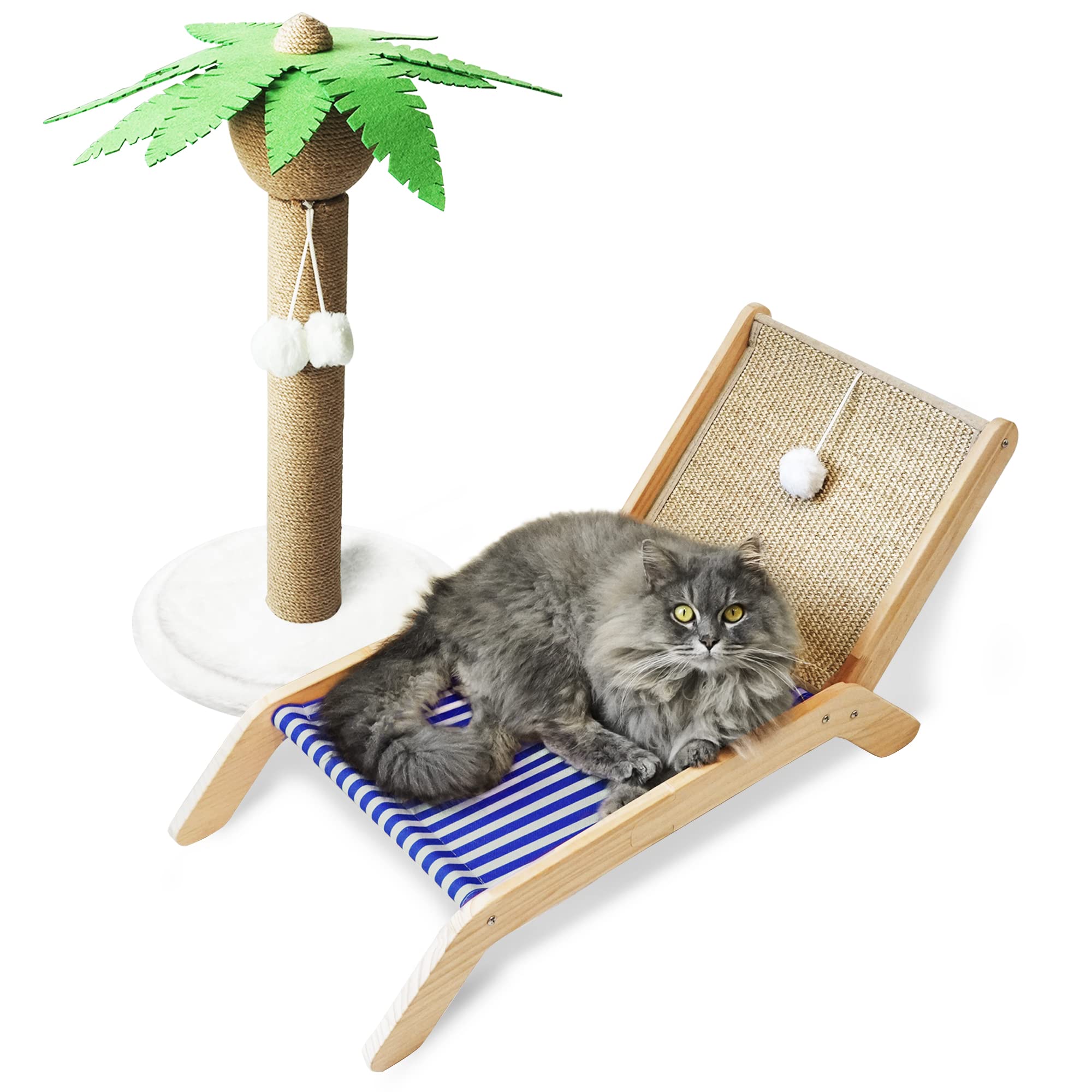 PETKARAY Cat Hammock with Coconut Palm Tree Scratching Post, Cozy Beach Chair Elevated Cat Beds, Original Lounger for Indoor Cats