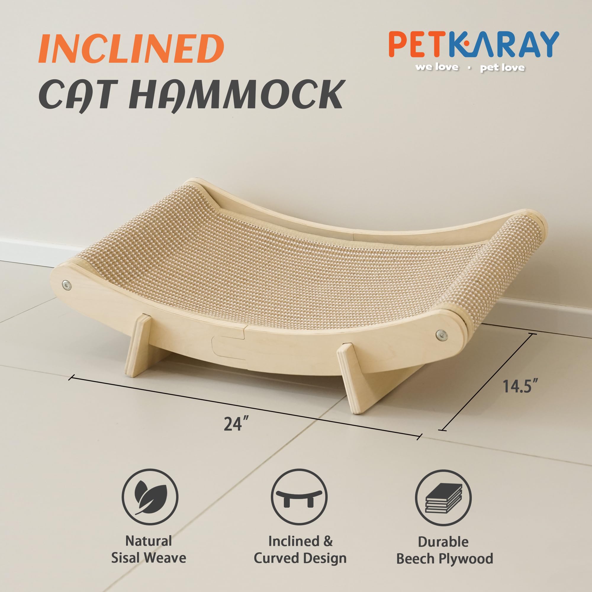 PETKARAY Inclined Curved Wooden Cat Hammock