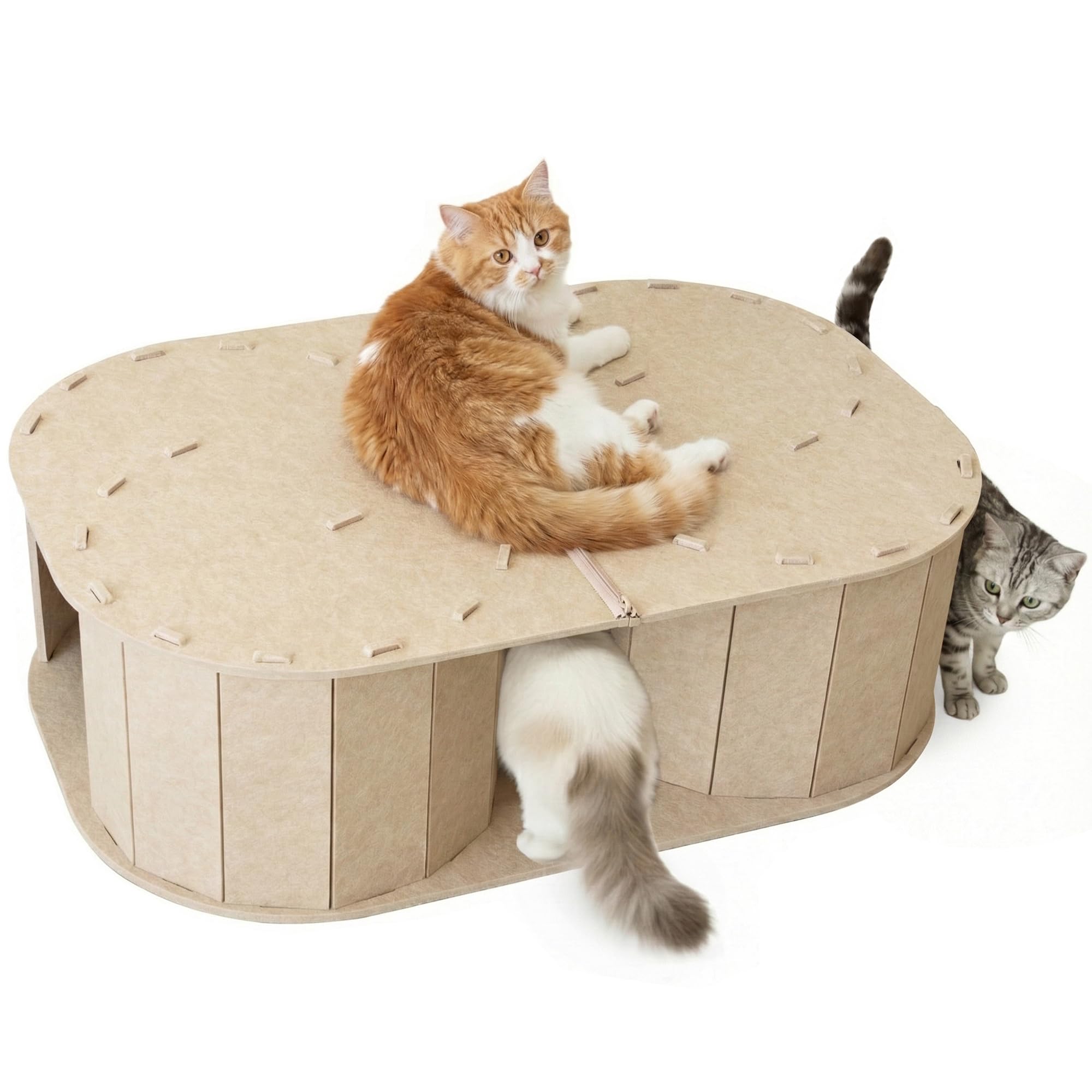 PETKARAY Large Felt Cat Tunnel, Double S-Shaped Hideaway for Indoor Cats, Interactive Cat Bed Cave and Hideout, 34x22.8x10.2 inches Beige