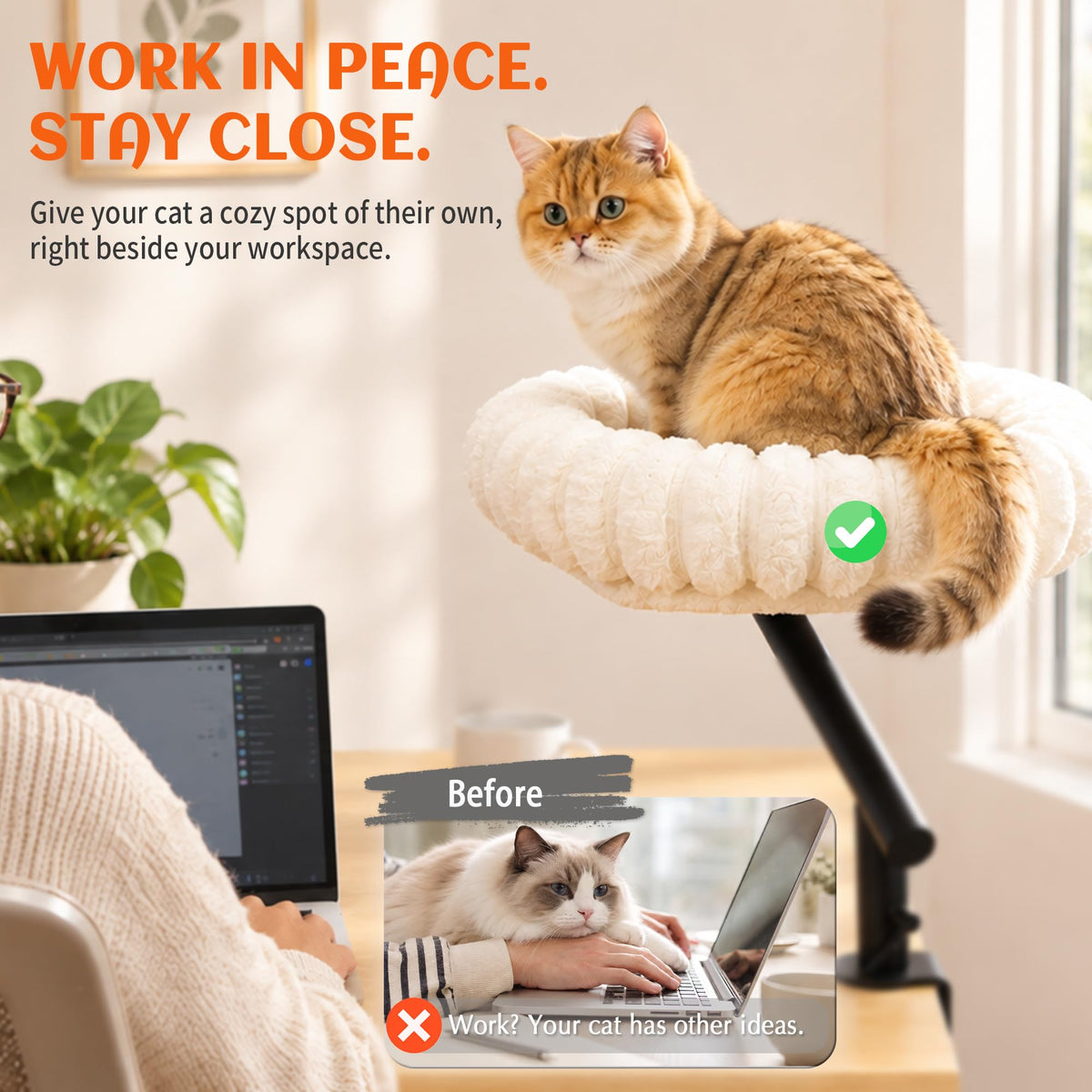 PETKARAY Cloud Cat Desk Bed, 360° Rotating Elavated Cat Hammock Perch