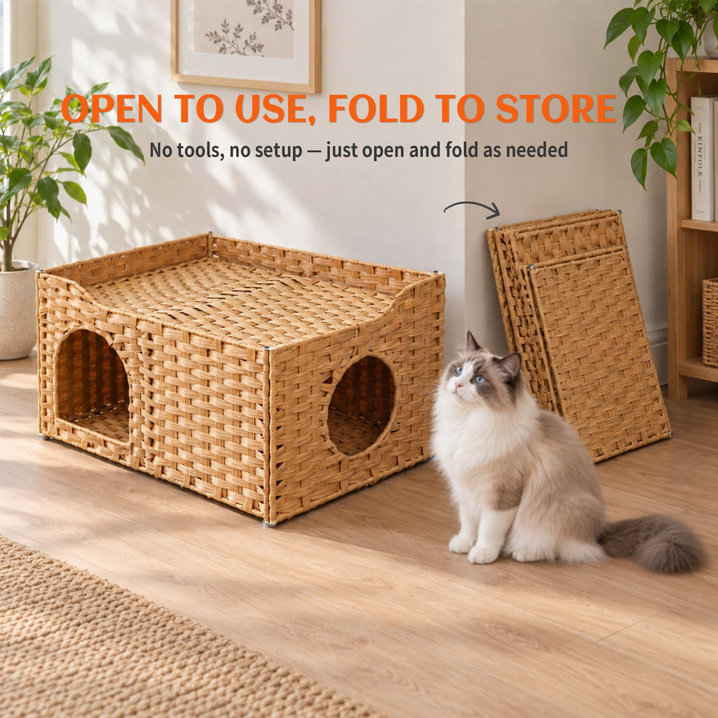 PETKARAY Wide Handwoven PE Rattan Cat House, Large Indoor Cave with Cushion