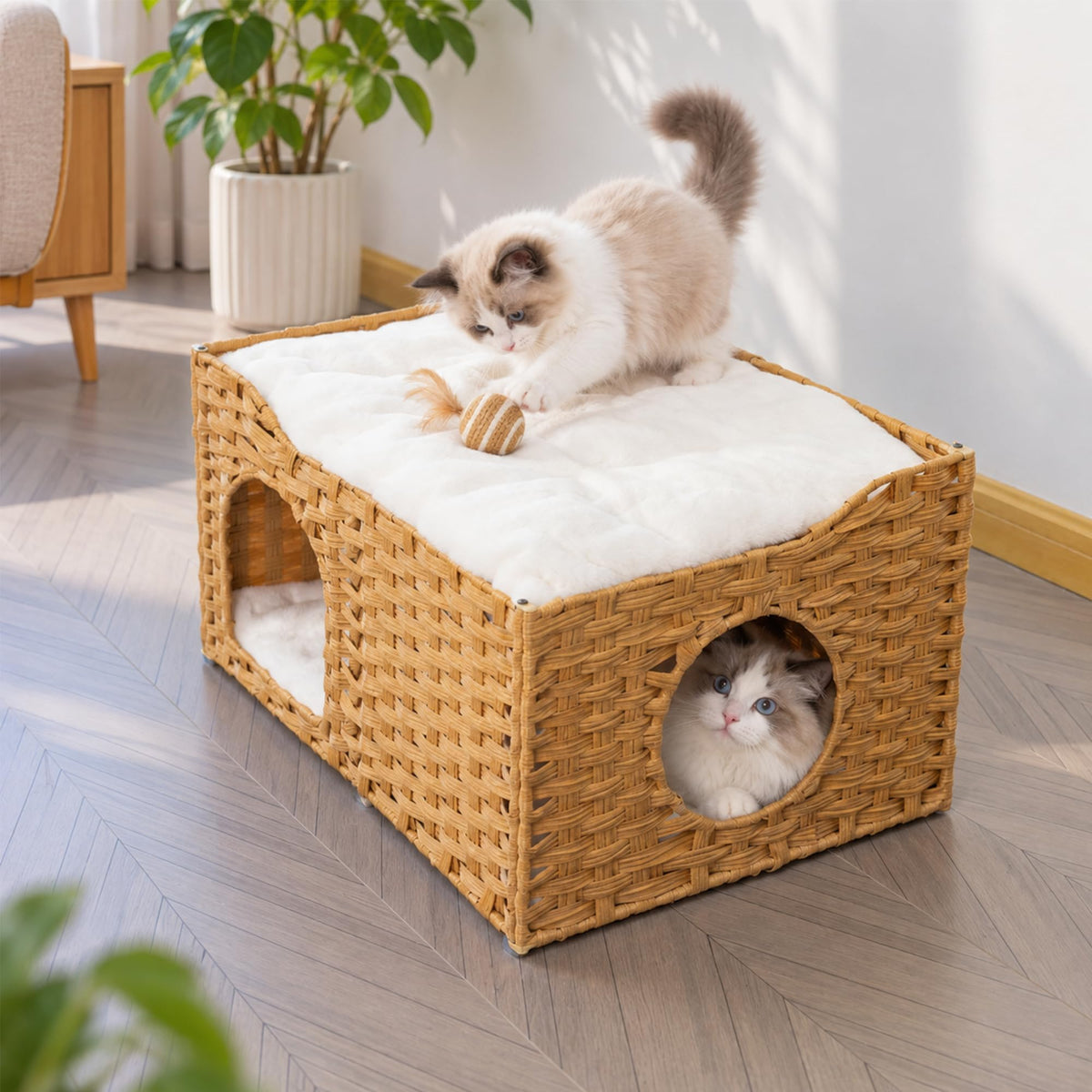 PETKARAY Wide Handwoven PE Rattan Cat House, Large Indoor Cave with Cushion