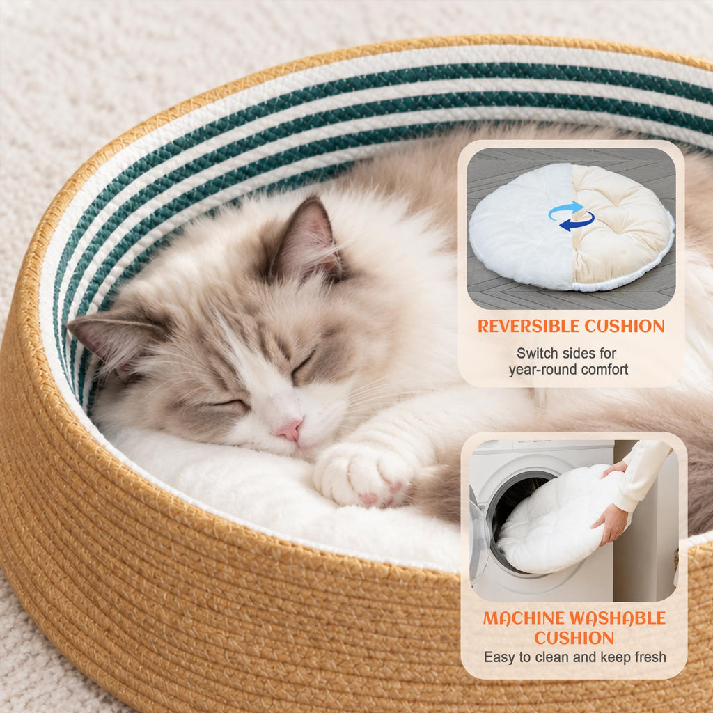 PETKARAY Handwoven Cat Basket Bed with Washable Cushion for Indoor Cats
