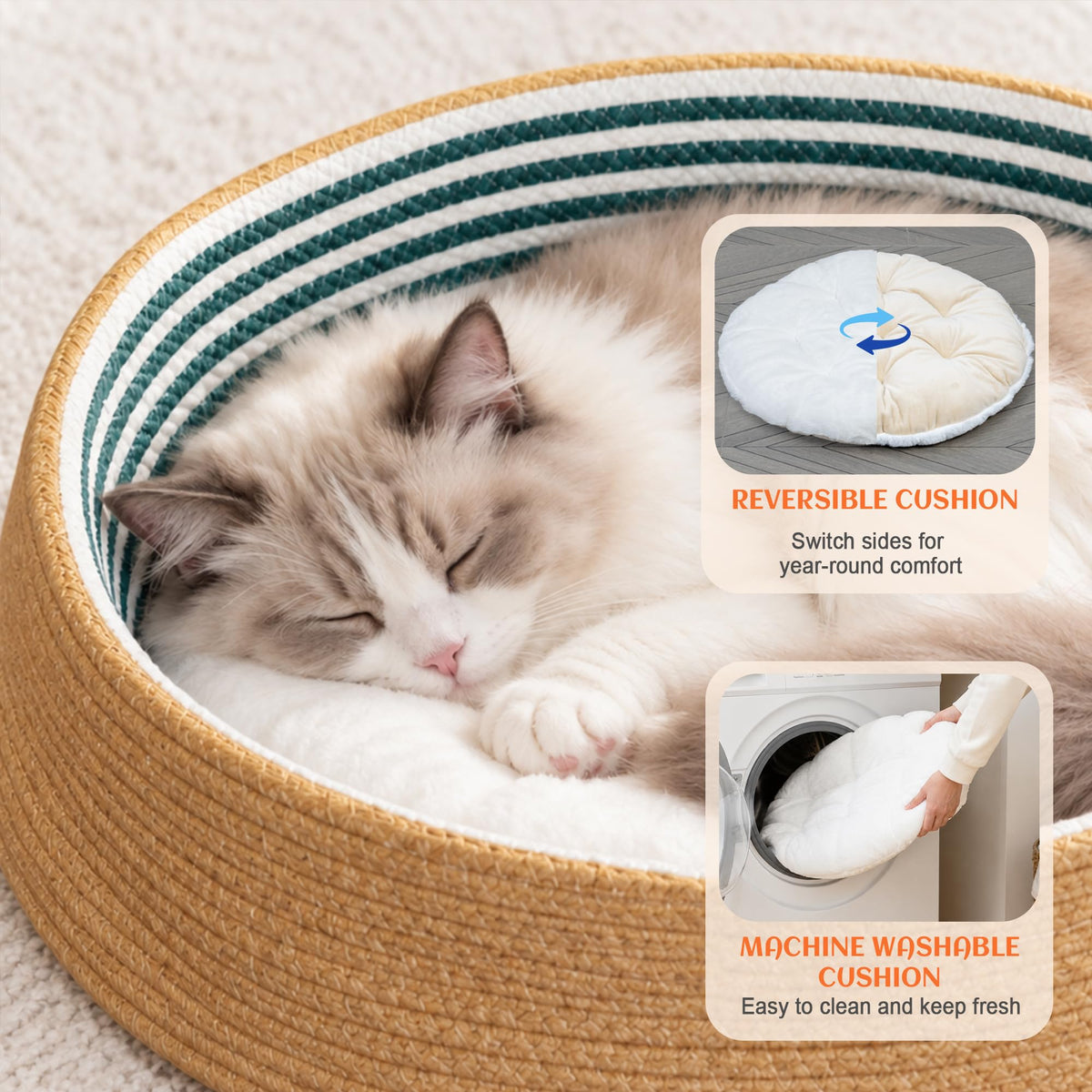 PETKARAY Handwoven Cat Basket Bed with Washable Cushion for Indoor Cats