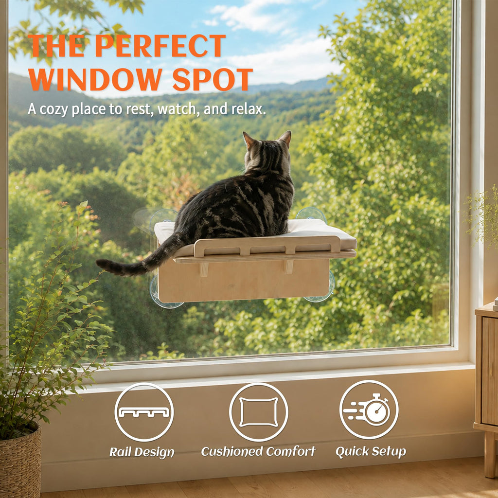 PETKARAY Cat Window Perch with Rail, Wood Hammock Window Bed for Cats