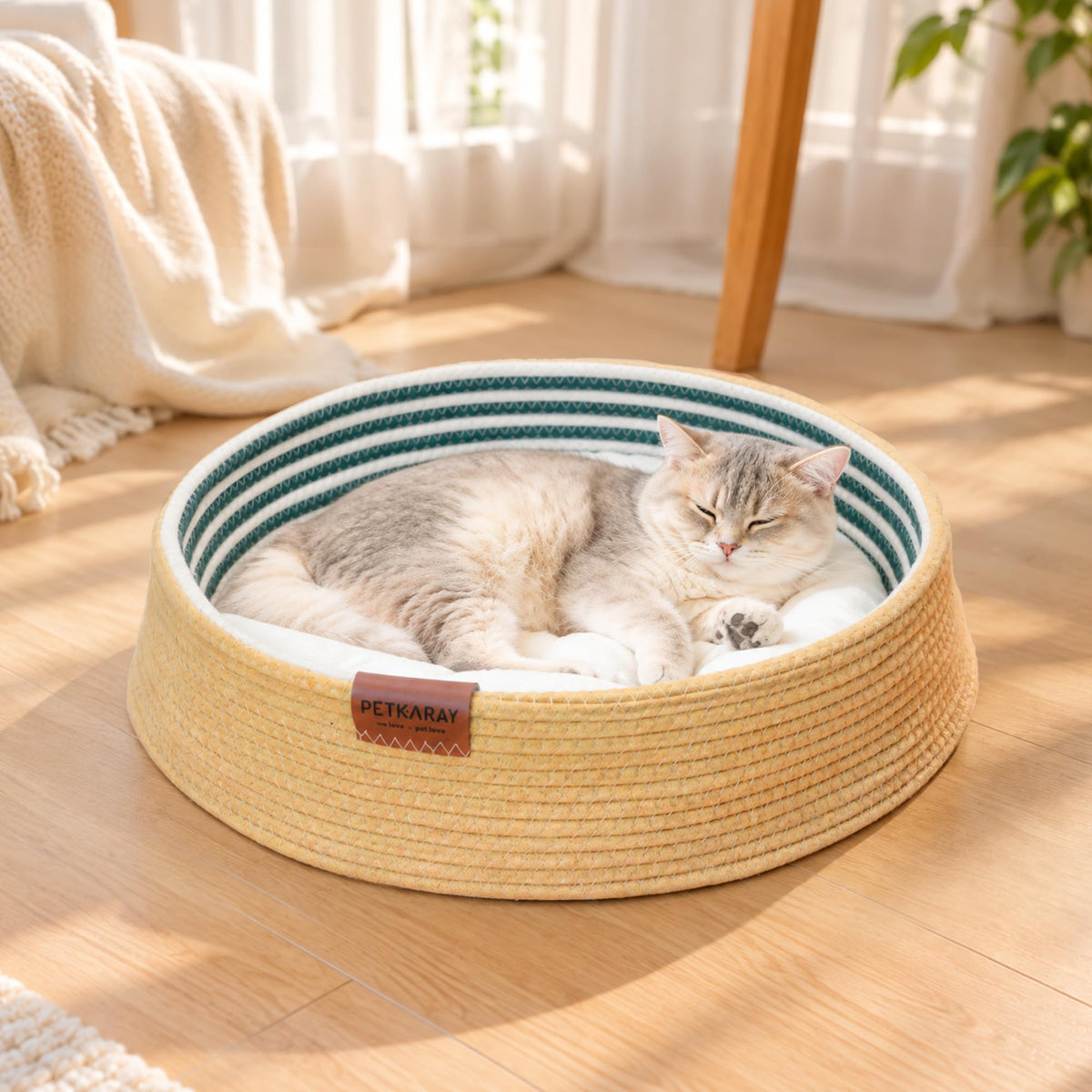 PETKARAY Handwoven Cat Basket Bed with Washable Cushion for Indoor Cats