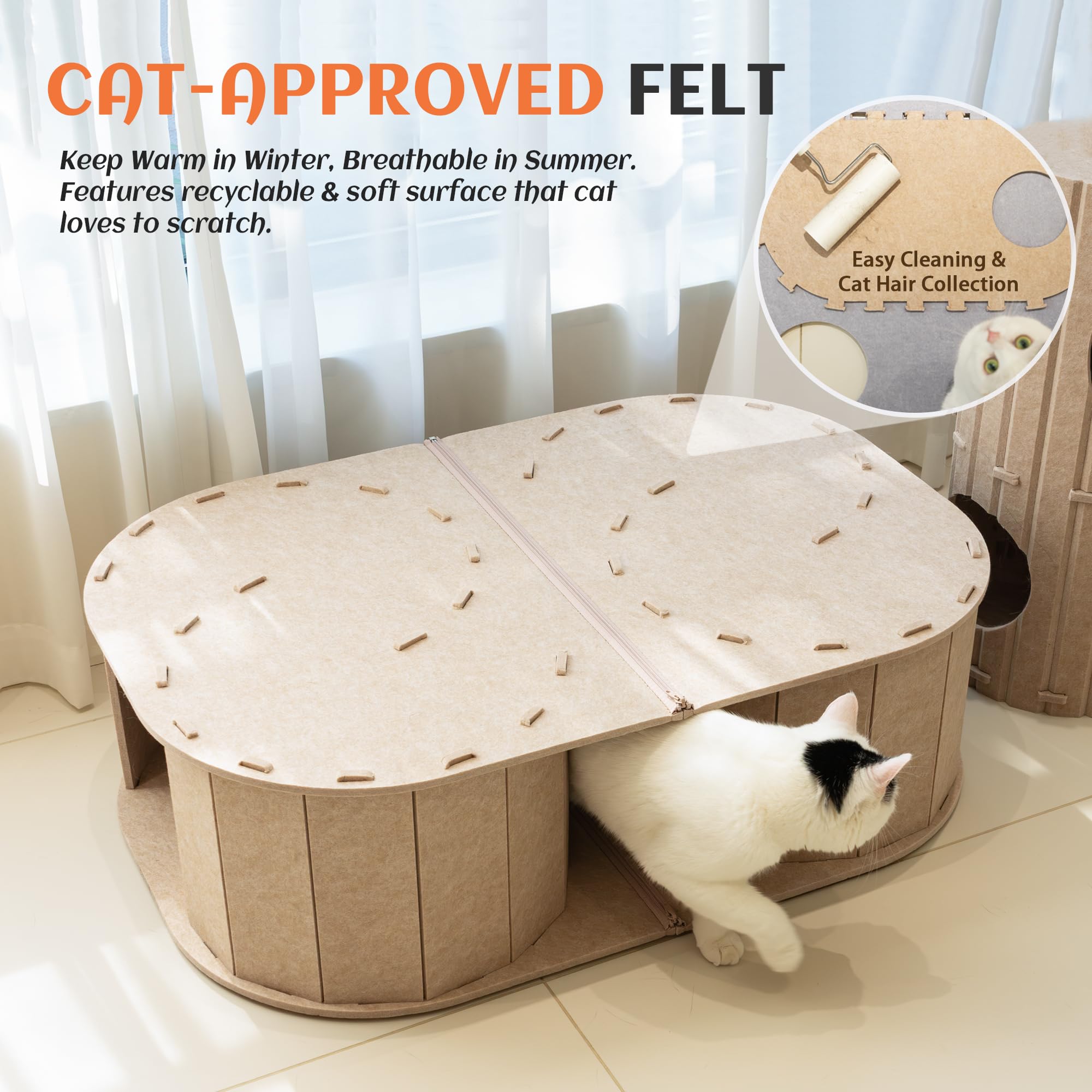 PETKARAY Large Felt Cat Tunnel, Double S-Shaped Hideaway for Indoor Cats, Interactive Cat Bed Cave and Hideout, 34x22.8x10.2 inches Beige