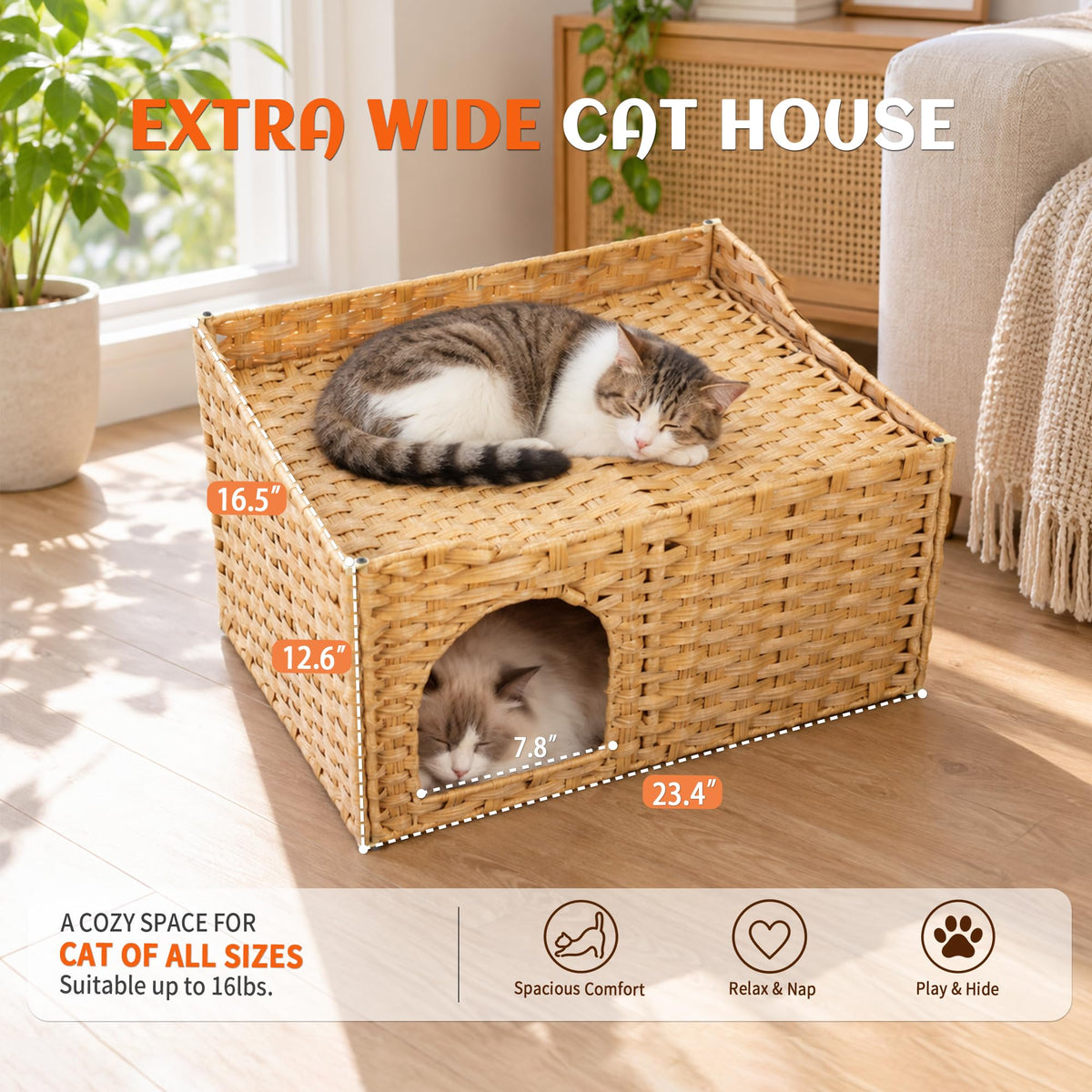 PETKARAY Wide Handwoven PE Rattan Cat House, Large Indoor Cave with Cushion
