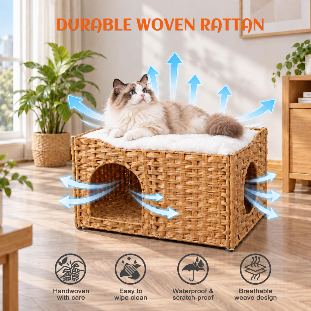 PETKARAY Wide Handwoven PE Rattan Cat House, Large Indoor Cave with Cushion