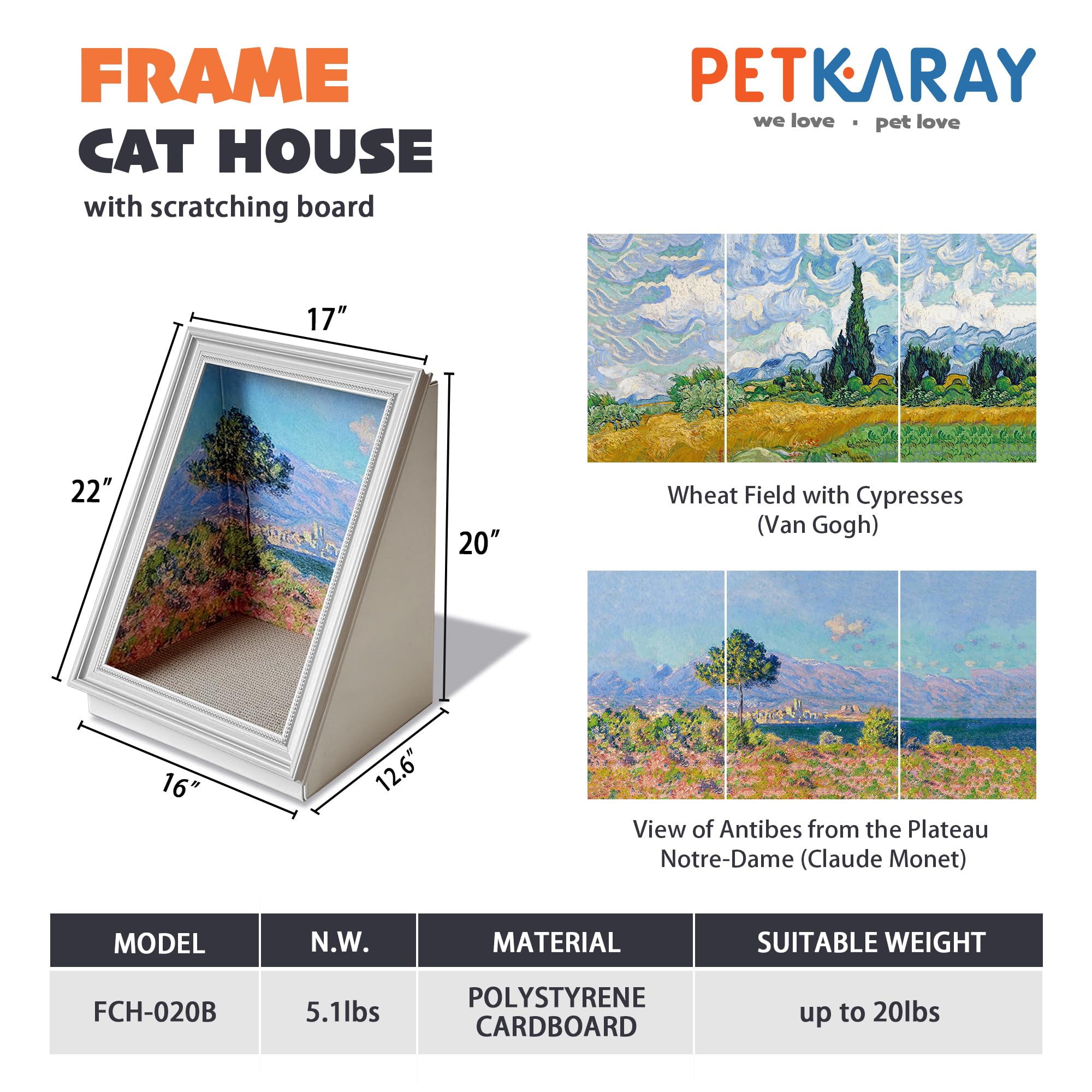 PETKARAY Art Frame Cat Scratch House, Oil Painting Kitty Scratcher Cardboard House, Large Cat Cave with Replaceable Scratching Boards