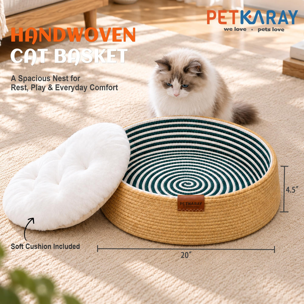 PETKARAY Handwoven Cat Basket Bed with Washable Cushion for Indoor Cats