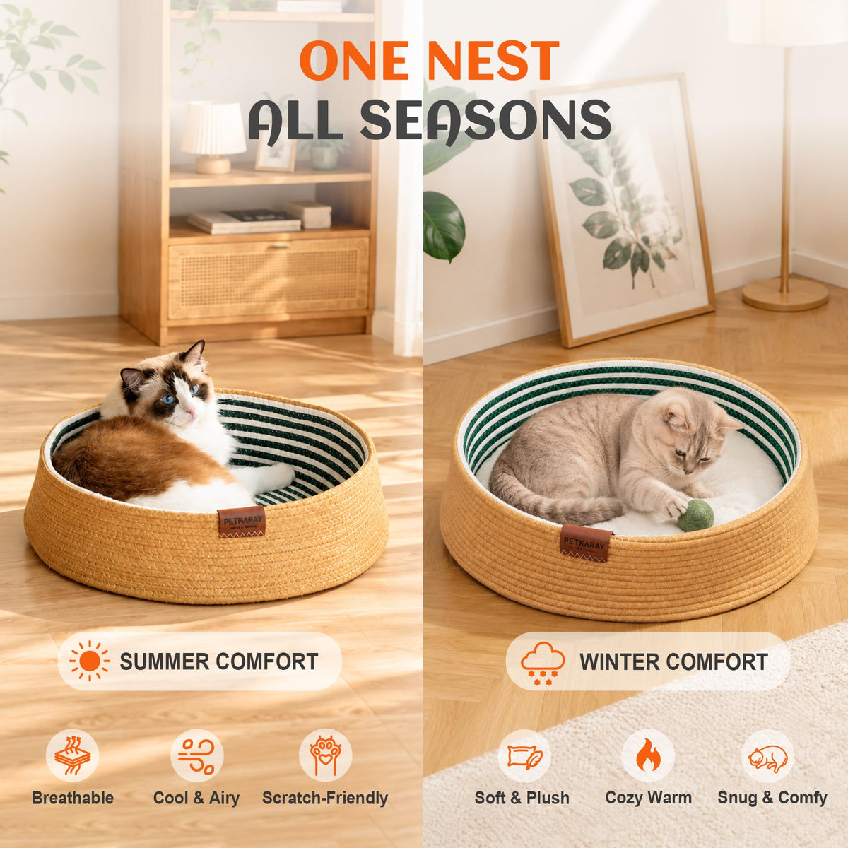PETKARAY Handwoven Cat Basket Bed with Washable Cushion for Indoor Cats