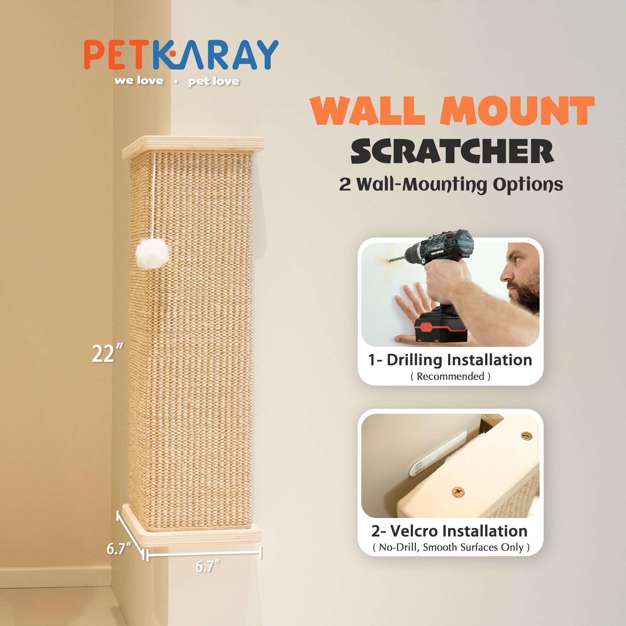 PETKARAY Wall Mounted Sisal Cat Scratcher