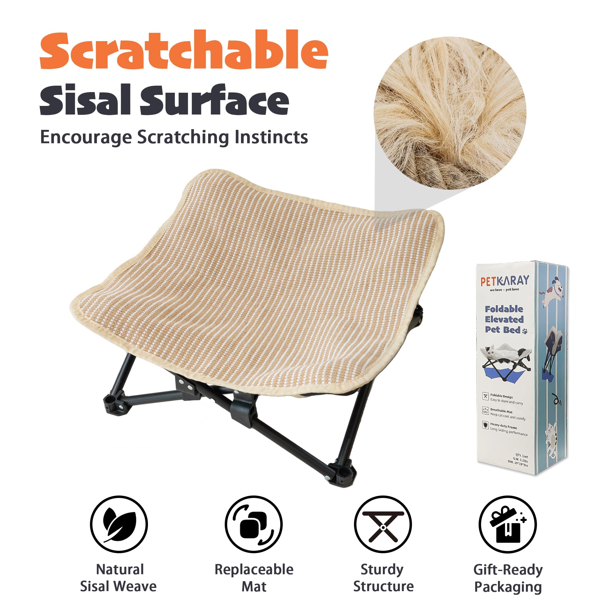 PETKARAY Foldable Raised Sisal Cat Bed
