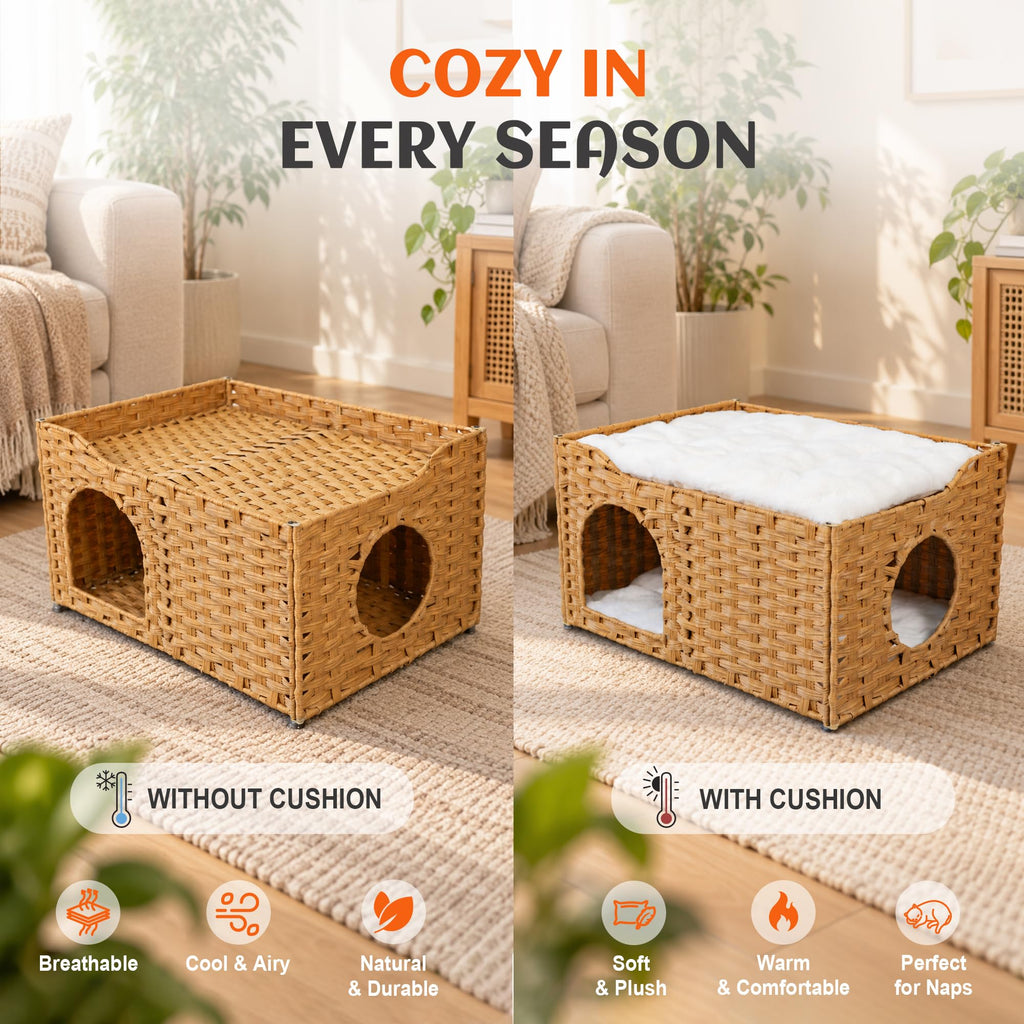 PETKARAY Wide Handwoven PE Rattan Cat House, Large Indoor Cave with Cushion