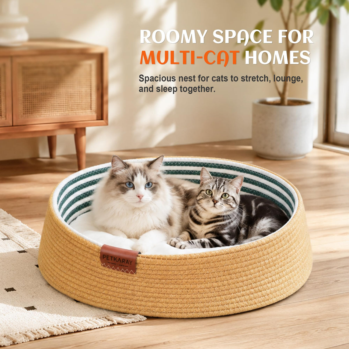 PETKARAY Handwoven Cat Basket Bed with Washable Cushion for Indoor Cats