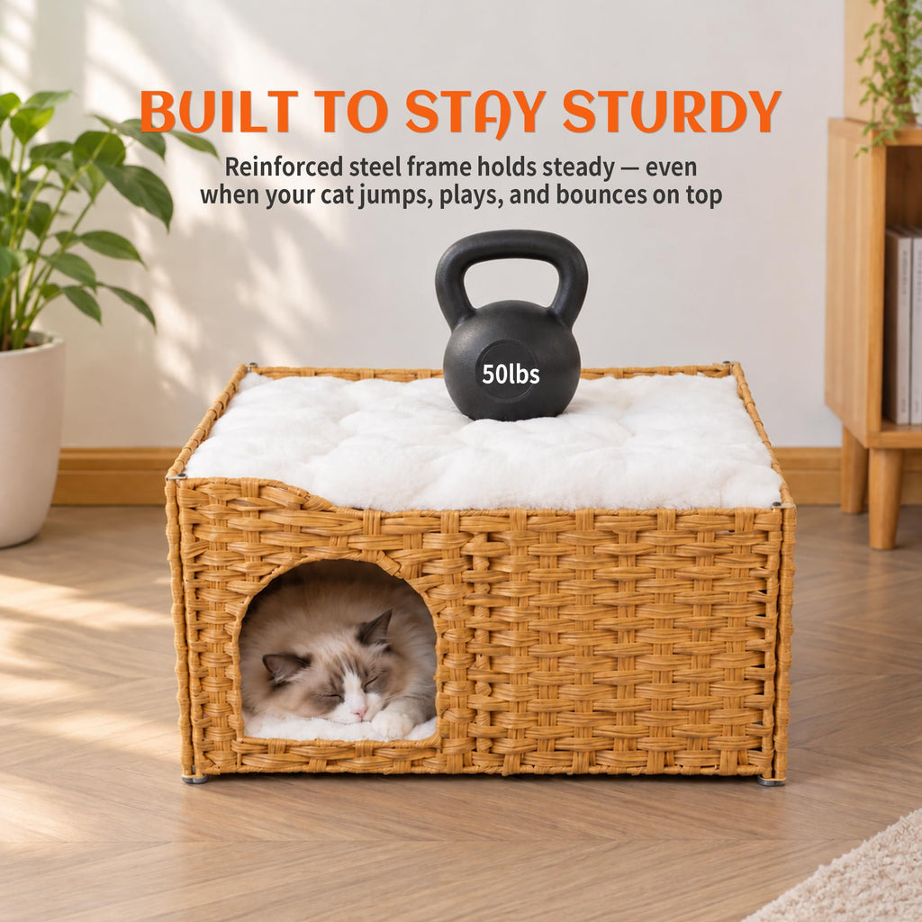 PETKARAY Wide Handwoven PE Rattan Cat House, Large Indoor Cave with Cushion