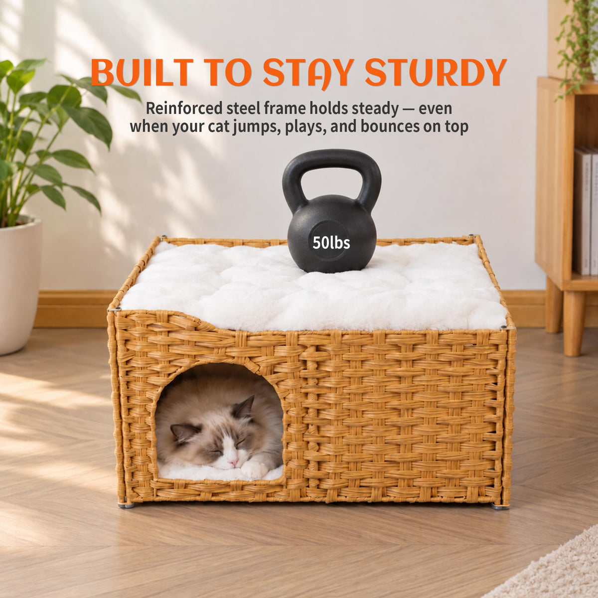 PETKARAY Wide Handwoven PE Rattan Cat House, Large Indoor Cave with Cushion