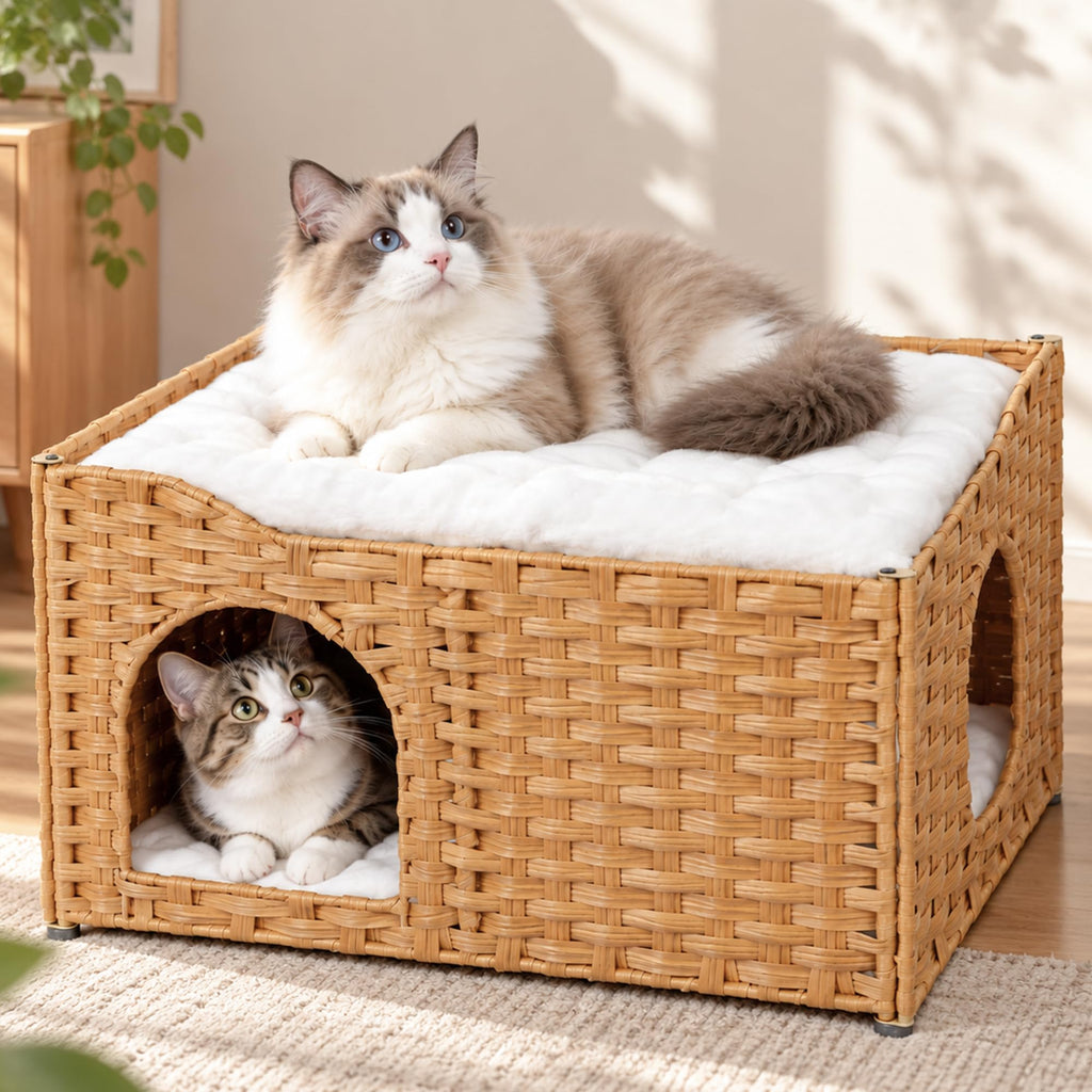 PETKARAY Wide Handwoven PE Rattan Cat House, Large Indoor Cave with Cushion