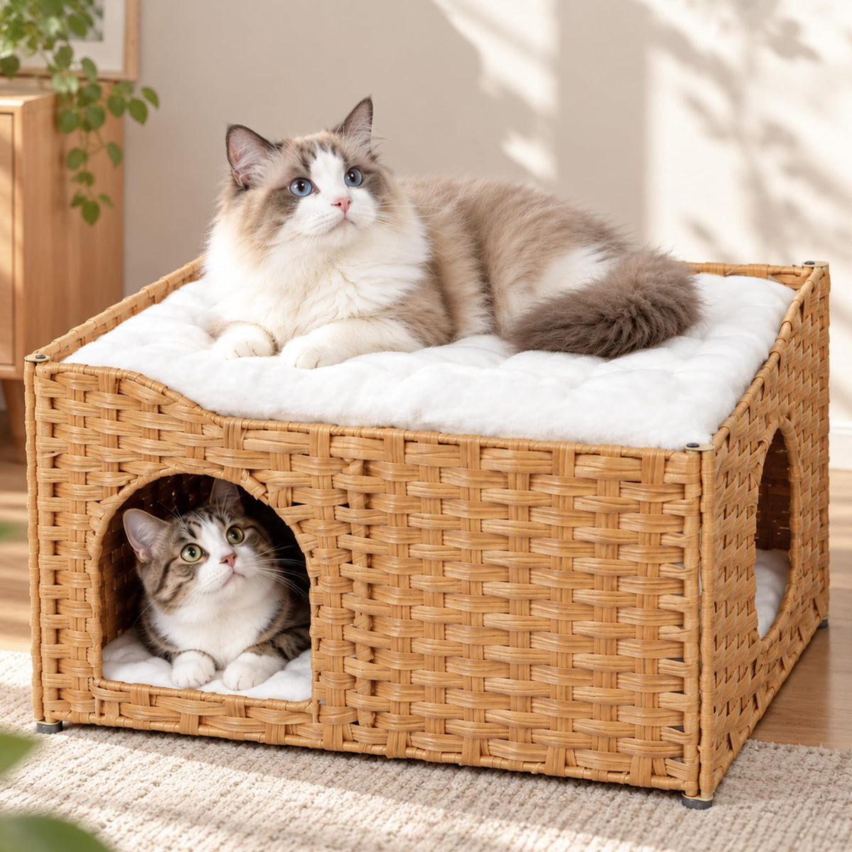 PETKARAY Wide Handwoven PE Rattan Cat House, Large Indoor Cave with Cushion