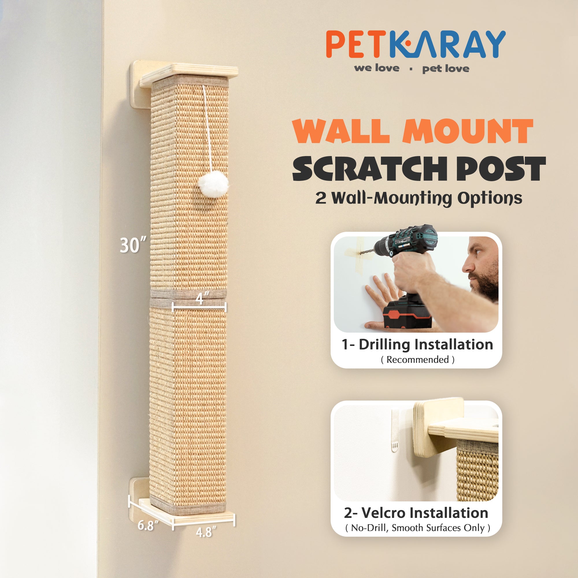 PETKARAY Wall Mounted Sisal Cat Scratcher